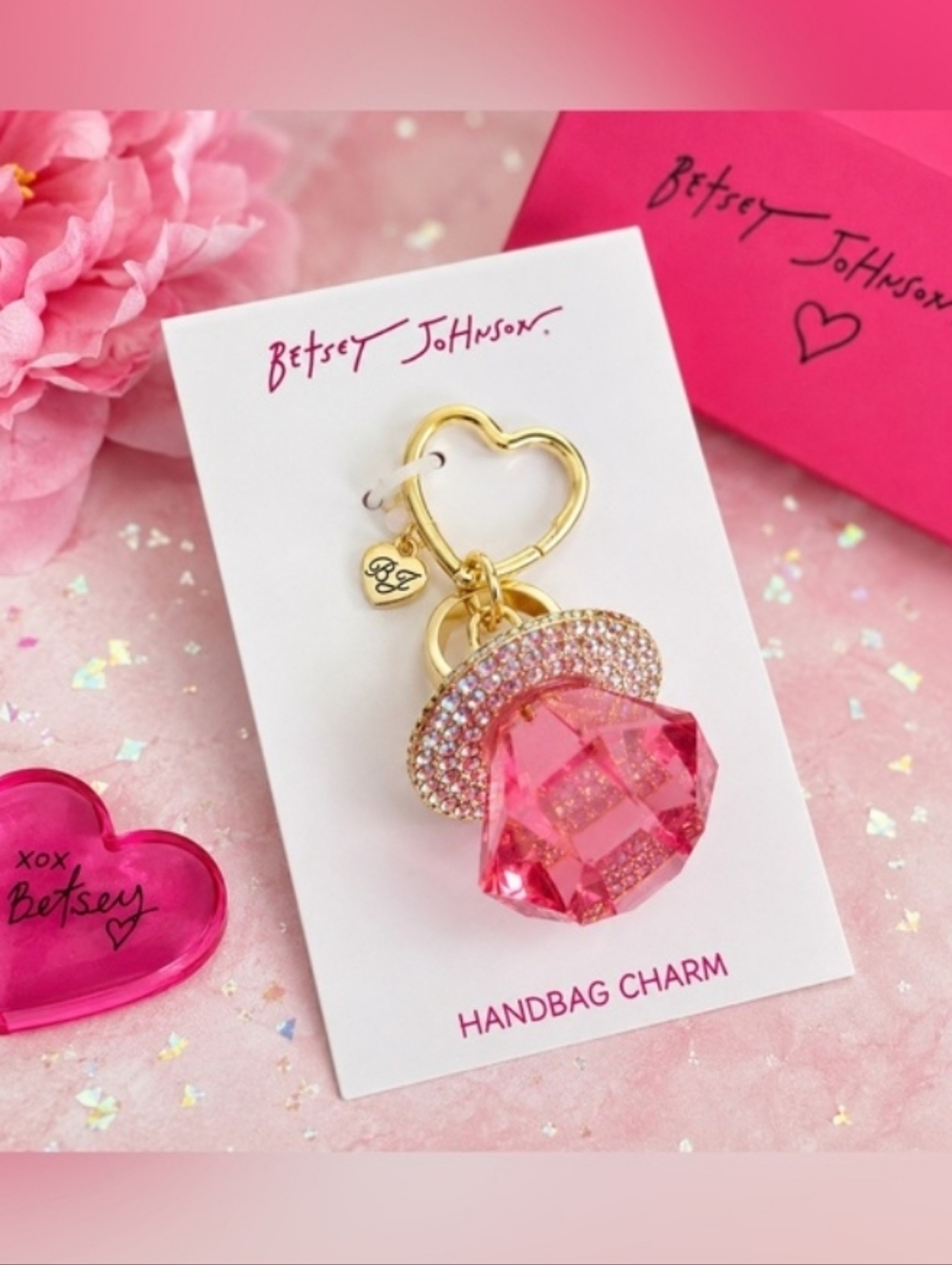 Betsey Johnson pink diamond ring bag / key charm - Picture 2 of 5